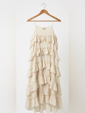 Stylenanda Cream Cotton Gauze Tiered Ruffle Midi Slip Dress Boho Fairycore OS